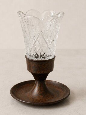 Vintage S.N.K. India Crystal Votive Candle Holder Faux Burl Wood Pedestal 6"